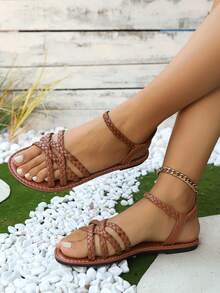 New Woven Cross-Strap Slip-On Flat Sandals, Casual Versatile Beach Shoes, Lightweight & Comfortable, Brown, White, Black - Brown - View 3