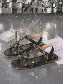 1 Pair Fashionable Rivet Strap Girl's Flat Sandals - Black - View 5
