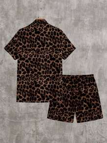 Camisa Conjunto Leopardo masculina slim fite Manga curta férias viscolinho