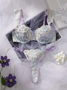 Women Sexy Lace Bra And Panty Set, Floral Embroidery Mesh Push Up Bra Lingerie Set