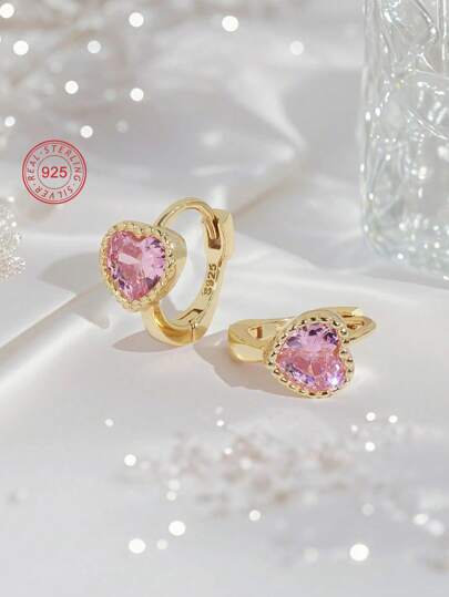 Artepollo 1 Par de Pendientes de Aro con Corazón de Circonita Cúbica Rosa Hipoalergénica de Plata de Ley 925, Soñadores y Lindos, Empaquetados en Caja de Regalo, Regalo para Niñas, Amigas, Cumpleaños, Año Nuevo, Vuelta al Colegio