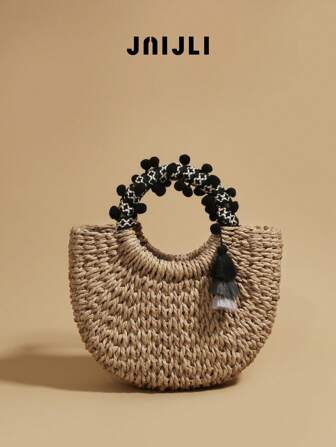 JNIJLI 1 pièce Sac panier en paille de style rétro bohème avec franges, sac à main, sac tressé vintage français. Polyvalent pour le trajet quotidien, la mode business casual, les voyages, les vacances, les mariages sur la plage, les pique-niques, les vacances, la plage. Meilleur cadeau pour les femmes, les mamans, les professeurs, les amis, les demoiselles d'honneur, avec pendentif à franges.