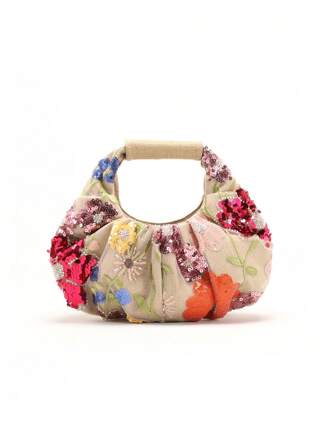 1 件彩色亮片撞色网眼花朵刺绣云朵荷叶边独特设计亚麻女士手提包，夏季海滩度假风格，花卉图案随机发送