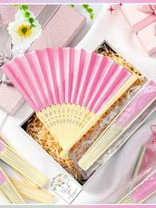 30 piezas/15 piezas Set de abanicos plegables decorativos de color rosa, incluye 5 piezas/10 piezas de abanicos, 5 piezas/10 piezas de tarjetas de agradecimiento y 5 piezas de bolsas de organza, elegante abanico de mano de estilo chino vintage de bambú con tarjetas de agradecimiento y bolsas de organza, adecuado para bodas, despedidas de soltera, cumpleaños, recuerdos, decoración al aire libre, fiestas DIY y actuaciones festivas