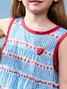 Vestido sin mangas con bloques de color a cuadros y corazón de fresa para niñas de la marca ASK JUNIOR - Azul - Ver 9