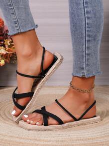 Women's Square Toe Straw Flat Sandals, Non-Slip Casual Slippers For Summer
