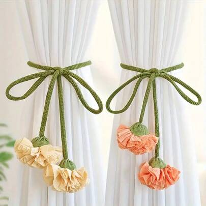2 Pcs Floral Curtain Tiebacks With Elegant And Beautiful Decorative Curtain Cords, Floral Design With Green Long Ropes, Home And Office Curtain Holder Accessories, Beautiful And Fashionable Home Decor
