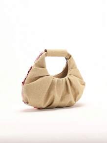 1 pieza Bolso de mano de mujer de diseño único con flores bordadas, volantes y detalles de malla y lentejuelas en contaste de colores, estilo verano/playa, con estampado floral enviado al azar