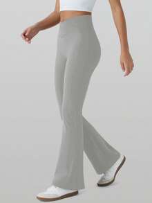 RUNONWHEELS 5 高腰喇叭裤日常健身运动紧身裤，女式提臀瑜伽紧身裤，女式高腰交叉设计喇叭紧身裤 - 淺灰色 - 查看 7