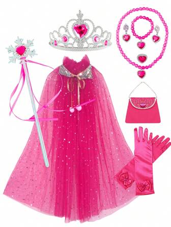 סט גלימת נסיכה 11 יחידות, גלימת תחפושת נסיכה, כולל כתר, שרביט, תכשיטים ותיק יד, מתאים לבנות קטנות, תחפושות נסיכה, מתנת יום הולדת לחג, גלימת נסיכה (ייתכן הבדל צבע קל)