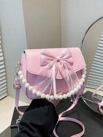 Pearl Mini Handbag With Bow Decor, Solid Color Adjustable Strap Cross-Body Bag (Random Stitching Color)