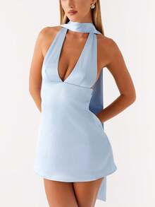 Women Halter Neck Mini Bodycon Dress With Scarf Y2k Sexy Open Back Silk Satin Club Party Night Short Dresses Summer Formal Cocktail Sundress - 藍色 - 查看 3