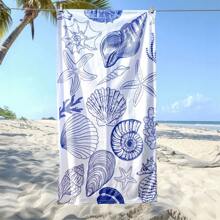 1 Stück cartoon-artiges blau-weißes Strandtuch mit Muschel und Seestern, unisex Outdoor-Grundausstattung, Urlaubsmuss, Sommer Reise Notwendigkeit, Vatertagsgeschenk Strandausstattung