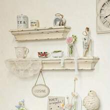 1 Piece French Vintage Country Style Wall Shelf - Natural Wood Wall Hanging Storage Shelves With Decorative Accents, Scandinavian White Home Furnishings For Living Room, Kitchen & Entrance Display Stand | Aged Wood Grain Effect | Sturdy Wooden Construction Kitchen Decor