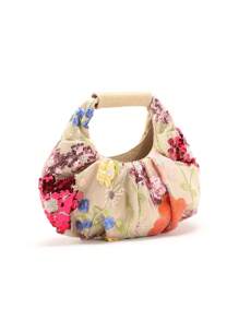 1 pieza Bolso de mano de mujer de diseño único con flores bordadas, volantes y detalles de malla y lentejuelas en contaste de colores, estilo verano/playa, con estampado floral enviado al azar