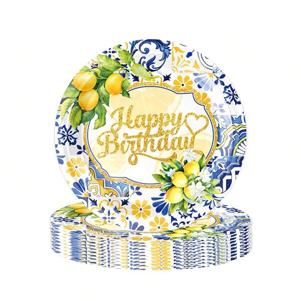 10PCS 7 "Capri Lemon Party Supplies Lemon Paper Plate, Blue Tile Yellow Lemon Party Plate, Capri Lemon Plate Summer Citrus Fruit Paper Plate, Suitable For Summer Birthday Lemon Party Decoration (Blue Tile)