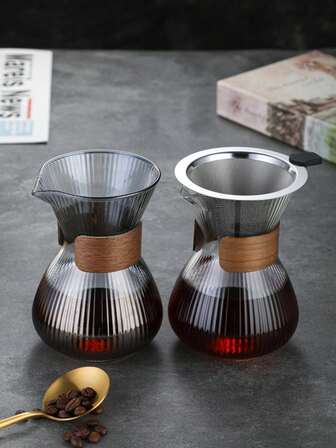 1 Set Vintage Style Grey Coffee Pot With Reusable Coffee Filter, Removable Insulation Wooden Piece, Suitable As Festival Gift Back To School