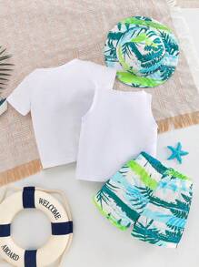 Conjunto de 4 piezas para bebé niño de verano: Parte superior y chaleco con estampado de hojas multicolor + Pantalones cortos estampados + Gorra