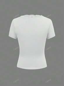 Women Fitted Lace V-Neck Short Sleeve Fashionable Elegant Commuting Versatile Sexy Y2K Top, Spring/Summer