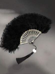1pc Women Retro Feather Lace Folding Fan, Classical Dance Cheongsam Prop, Stage Performance Hand Held Fan For Costume Party