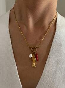 Monlansher Nuova collana in acciaio inossidabile da donna con design unico di ciondolo a forma di pesce, perla e peperoncino, collana alla moda stile bohémien adatta per vacanze, viaggi e uso quotidiano