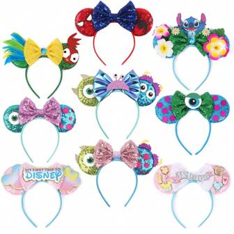 Stitch/Winnie The Pooh/Inside Out/Yoda Series, Mickey Ears, Cute Earband/Headband - Cartoon Castle/Monster/Flower/Spider/Crown/Anime Character/Balloon/Bow Design, Adorable Nylon Headbands/With Bowknot, Fashion Shiny Headband Accessories - Holiday Makeup Hair Decorations With Bow