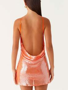 Women Halter Mini Dress Sequin Sparkly Sexy Backless Short Dress Glitter Y2K Spaghetti Strap V Neck Cut Out Bodycon Dress Party Night Out Clubwear - trái cam - Xem 2