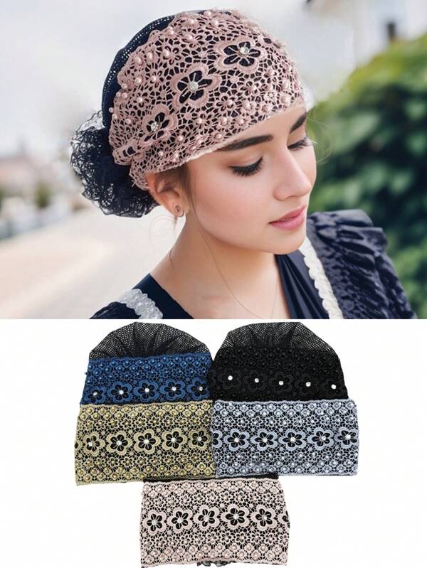Women Beaded Multi-Color Floral Lace Headscarf/Hat - Lightweight, Breathable Haircare In Boho Style - Adorable Hat For Everyday Wear