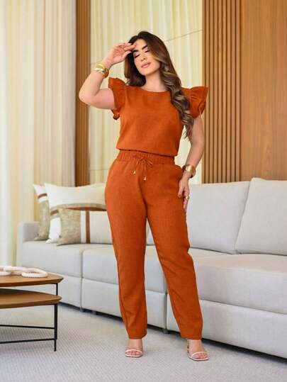 Conjunto Feminino 2 Peças Casual Elegante Blusa Plissada Calça em Linho De Algodão Com Babado Na Manga Scrub Cores Moda Primavera Verão 2025 Roupa Feminina