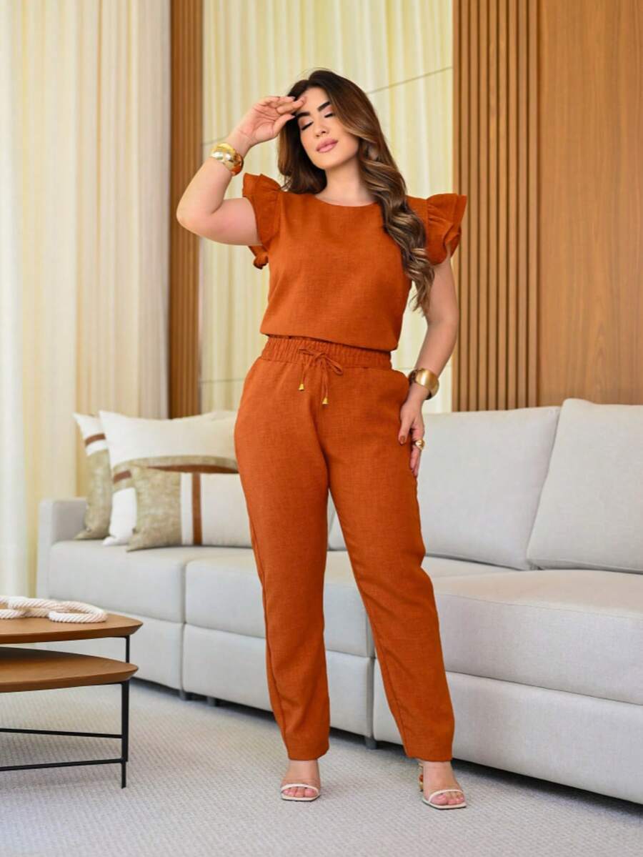 Women 2 Piece Set Casual Elegant Pleated Blouse Cotton Linen Pants With Ruffles On Scrub Sleeve Colors Fashion Spring Summer 2025 Women Clothing - 赤陶/絨毛 - 查看 1