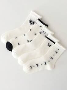 5 Pairs Of Children's Socks, Bow Diamond Checker Square Checker Pattern Girls Four Seasons Style Cute Casual Elegant Style Of Daily Travel To School Can Wear Children's Mid-Tube Socks.