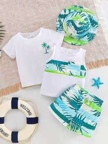 Conjunto de 4 piezas para bebé niño de verano: Parte superior y chaleco con estampado de hojas multicolor + Pantalones cortos estampados + Gorra