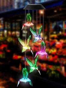1 Set Solar Powered Hummingbird Wind Chime, Colorful Hanging Decorative Outdoor Wind Chimes, Plastic, No Feathers, Ideal For Christmas, Holidays, Yard And Garden Decor, Solar Lights Outdoor - Green - View 6
