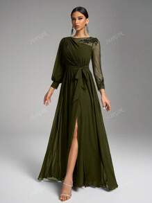 SUPGIR Vestido de noche elegante negro con cuello redondo, manga farol asimétrica, decoración de lentejuelas de lujo y cintura anudada