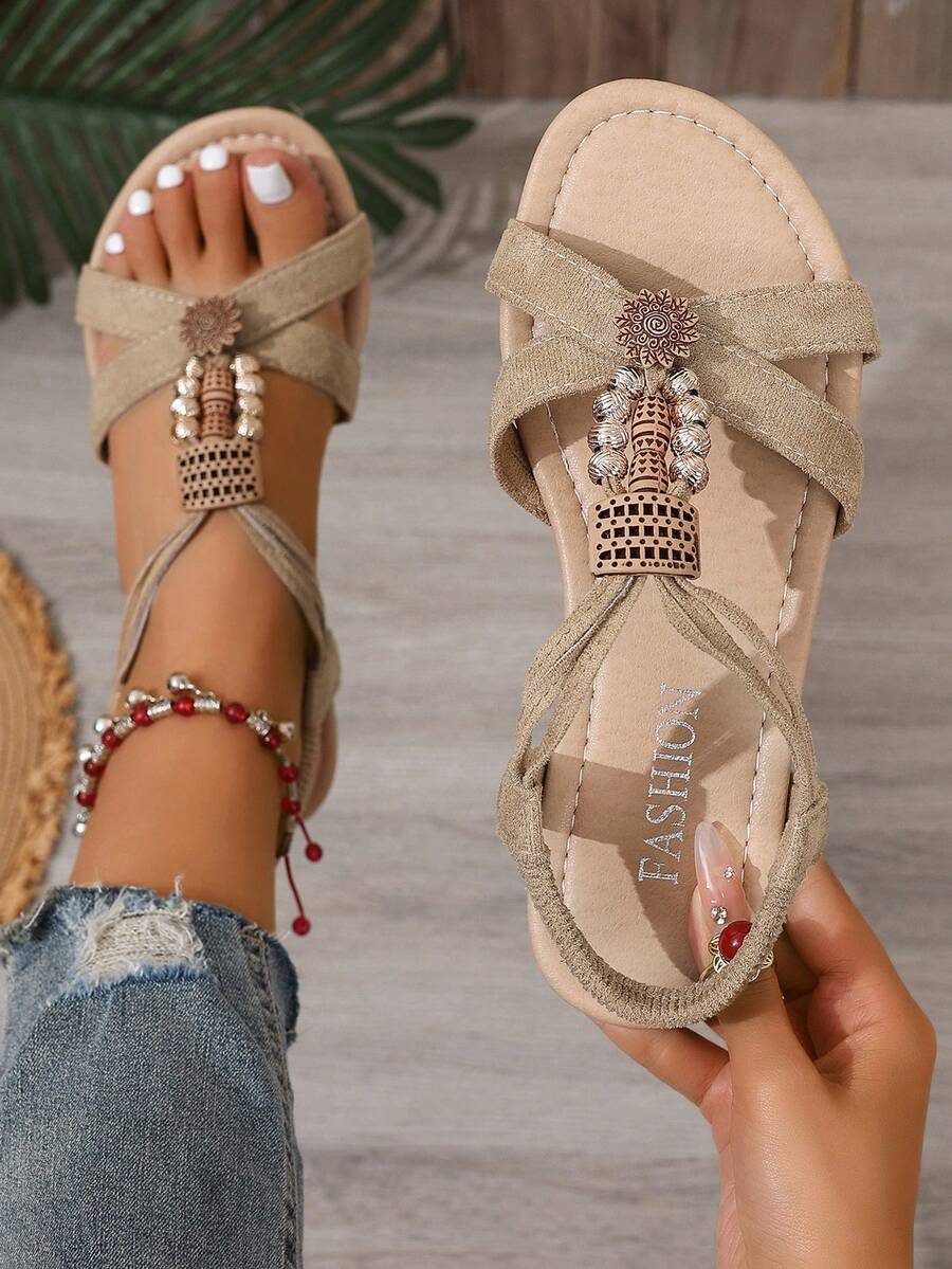 Giày sandal quai ngang đính hạt đế bằng mùa hè dành cho nữ, thời trang, mùa hè, phong cách cổ điển, bohemian, màu cà phê, trang phục đi biển. - Cà phê nâu - Xem 1