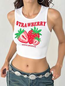 CROP TOP CON ESTAMPADO DE FRESAS ACTIVE SIN MANGA CUELLO REDONDO LIGERO Y FRESCO PARA GYM O CASUAL - Blanco - Ver 5