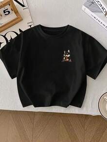 Young Boy Casual Cute Shiba Inu Eating Ramen Letter Print Graphic Round Neck T-Shirt, Summer - Black - View 2