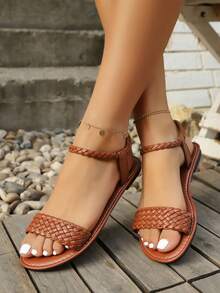 Teens/Students New Stylish Casual Criss-Cross Woven Strap Flat Sandals, Suitable For Beach, Outdoor, Campus, Casual Wear, Available In Black, Brown, White