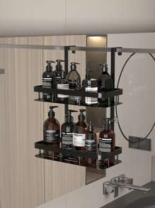 Scaffale portaoggetti da bagno in metallo a 2 ripiani, adatto per l'organizzazione dell'area dietro la doccia, può contenere shampoo, balsamo, prodotti per la cura della pelle, senza necessità di foratura per l'installazione, applicabile per bagno, cucina, camera da letto, colori bianco/nero