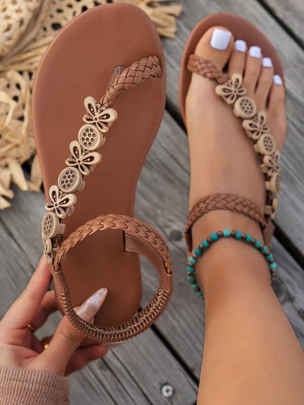 New Women Bohemian Style Round Toe Flat Casual Vacation Thong Sandals