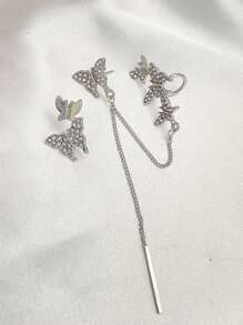 Butterfly Tassel Clip-On Earrings, Asymmetric Butterfly Ear Cuff Earring Set, Suitable For Young Women Pursuing Personalized Fashion And Unique Accessories, Suitable For People Without Pierced Ears, Casual Wear, Music Festivals, Art Exhibitions
