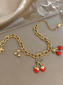 1Pc Golden Sweet & Edgy Cherry Charm Bracelet With Enamel Leaves For Women Girls, 18K Gold Plated Stainless Steel Stackable Chunky Chain, Mom Gift Christmas Thanksgiving Halloween Wedding Rave/Prom/Party/Daily Accessories Gift For Anniversary Valentine's Day Boho Jewelry Birthday Bridesmaid Gifts