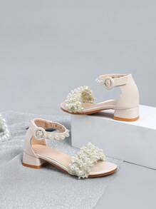 Sandali Zangtong A Pair con alta qualità per Kidsl, fiori bianchi eleganti, girl per l'estate, ballo scolastico, matrimonio, festa di compleanno, all'aperto, viaggi, tacco basso, spesso