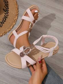女士夏季串珠带平底凉鞋，时尚，夏季，复古，波西米亚，粉色 - 淺粉色 - 查看 2