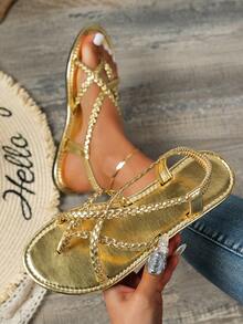 新款条纹编织一脚蹬平底人字拖凉鞋，休闲百搭沙滩鞋，轻便舒适的平底凉鞋，棕色、白色、黑色、金色、银色、彩色 - 金色 - 查看 5
