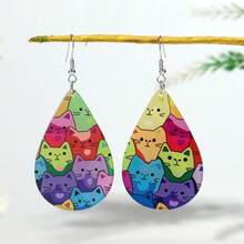 1 对时尚可爱彩色亚克力猫狗水滴吊坠耳环适合女性日常佩戴