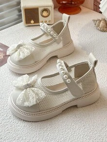 女童镂空皮鞋2025春夏蝴蝶结可爱鞋儿童学院风休闲鞋女童鞋简约蝴蝶结米色公主莫卡辛鞋 - 米色 - 查看 4