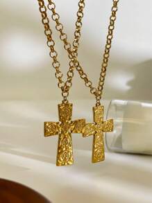 Monlansher Nuova collana da donna con pendente a croce, design in metallo in rilievo esagerato, realizzata in acciaio inossidabile, alla moda, versatile e adatta all'uso quotidiano, colore oro