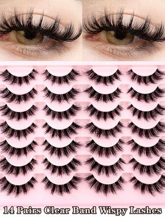 Nuevas 14 pares de pestañas postizas de ojos de gato de visón, con banda invisible, extensión de pestañas natural, racimo cruzado de hadas 3D, ojos grandes y largos, tiras de pestañas postizas