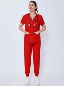 (Four-Piece Set) Scrubs Uniform Women's Running Matte Elastic Sports Nurse  Uniform Wash Clothes Work Clothes Breathable Scrub Shirt - 紅色 - 查看 10